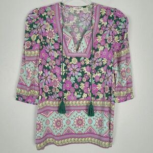 Umgee Size M Floral Blouse 3/4 Sleeve Bohemian Tassel Rayon Purple Green